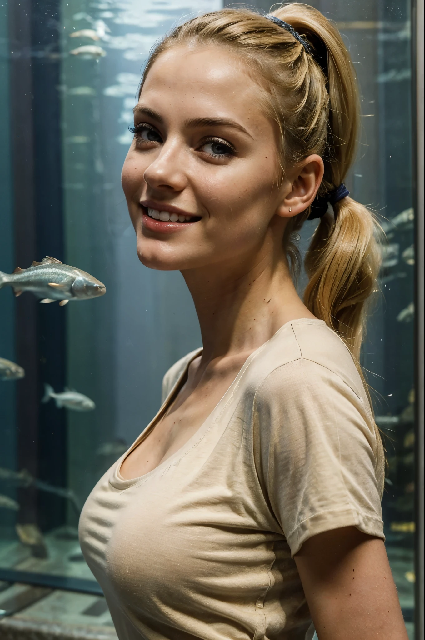 masterpiece, best quality, extremely detailed, hyperrealistic, photorealistic, a beautiful 20s french model, aquarium:1.1, beige t-shirt:1.2, ultra detailed face, pony tail, blonde hair, pale skin, busty breasts, smiling, from side