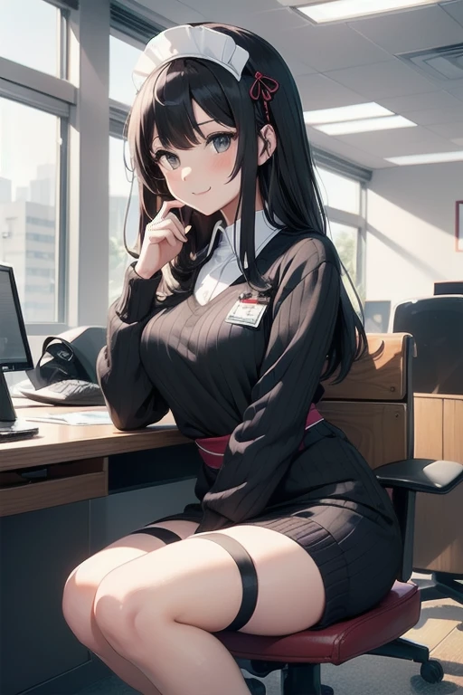 Hu Tao, 1girl, solo, ((white shirt)), black thighhighs, breasts, cleavage, uniform, office background, black skirt, pleated skirt, office, hair between eyes, brown eyes, flower pupils, medium breasts, long hair, looking at viewer, Black hair, brown short nails, solo, thighhighs, thighs, very long hair, ((masterpiece)), sitting, chair, desk, computer on desk, name tag, id tag, indoor, blush, sexy pose, ((long twintail)),