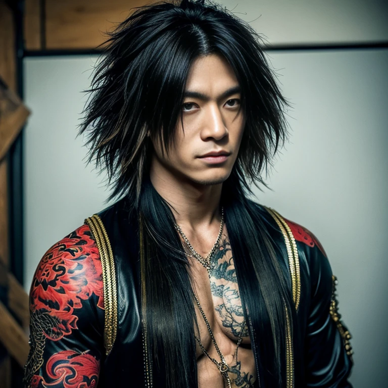 1 man, Japanese man, male, Asian eyes, muscular, broad shoulders, dragon tattoos, hairstyle Visual Kei style, hair Visual Kei, black men's shirt and black pants, ultra detailed face, hyperrealistic, realistic representation, long hair, long hair, 30 years old, age 30 years, blond, blonde hair