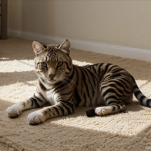 Realista imagen hd gato sentado sabre una alfombra de rayas de cebra 