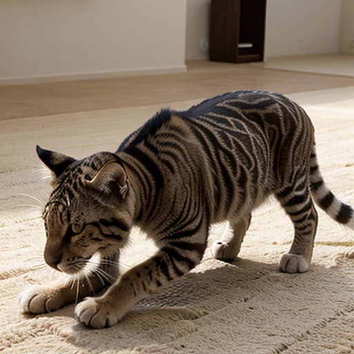 Realista imagen hd gato sentado sabre una alfombra de rayas de cebra