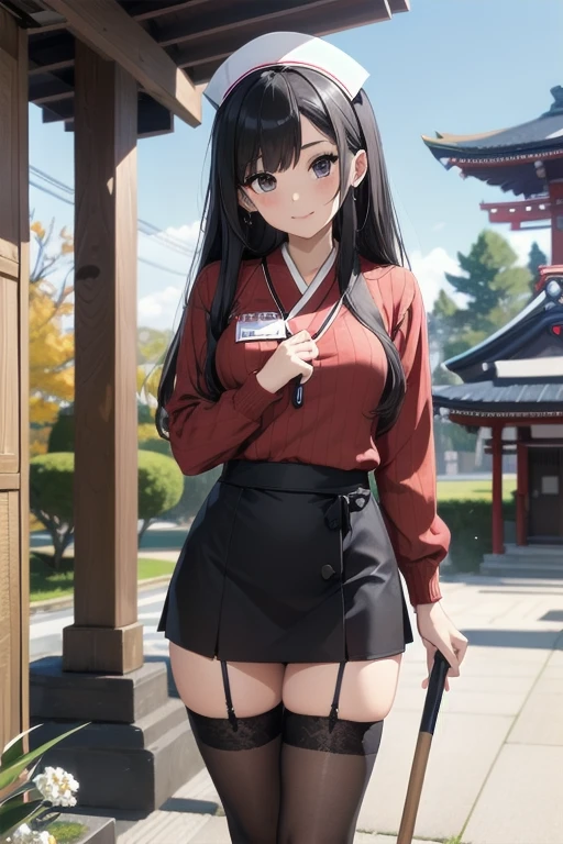 1girl, anime, black eyes, long black hair with square bangs, very long black hair, super long black hair, (skirt and stockings), heels, black Japanese style kimono mixed with ribbed black sweater with red accents and sakura floral design, ((ribbed black sweater)) adult, (Japanese shrine/temple background), gamer, (((gamergirl))), (((office lady))), kimono sleeves, garter, graceful, ((maid uniform)), nun outfit, nurse outfit, flight attendant badge/nametag, retail store apron, design, broom, sweeping, cleaning, happy, feather duster