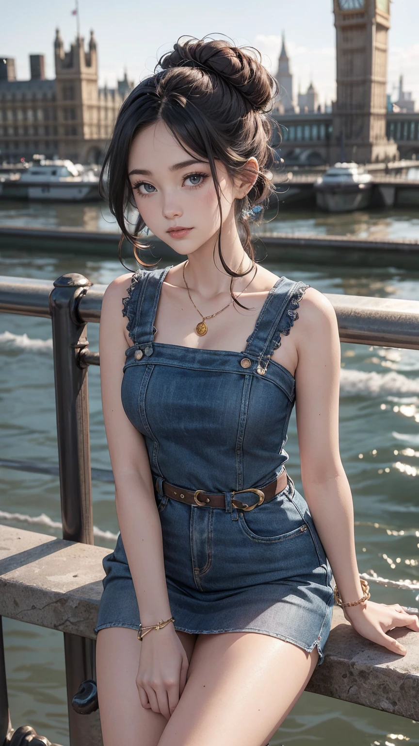((最high quality, 8K, masterpiece: 1.3, Ultra HD, high quality, 最high quality, High resolution, realism)) 、22-year-old Caucasian female、Hair color is reddish、hair is wavy、Eye color: blue、long hair、hair tied back、slender、smile、slenderだが均整の取れた細マッチョな身体、wearing stiletto heels、smile、accessories on the wrist、胸の谷間がappearハイネックのニットドレスを着ている、background is blurry、Leaning on the railing of London Bridge、Big Ben on the opposite shore((big ben))((Elizabeth Tower))appear