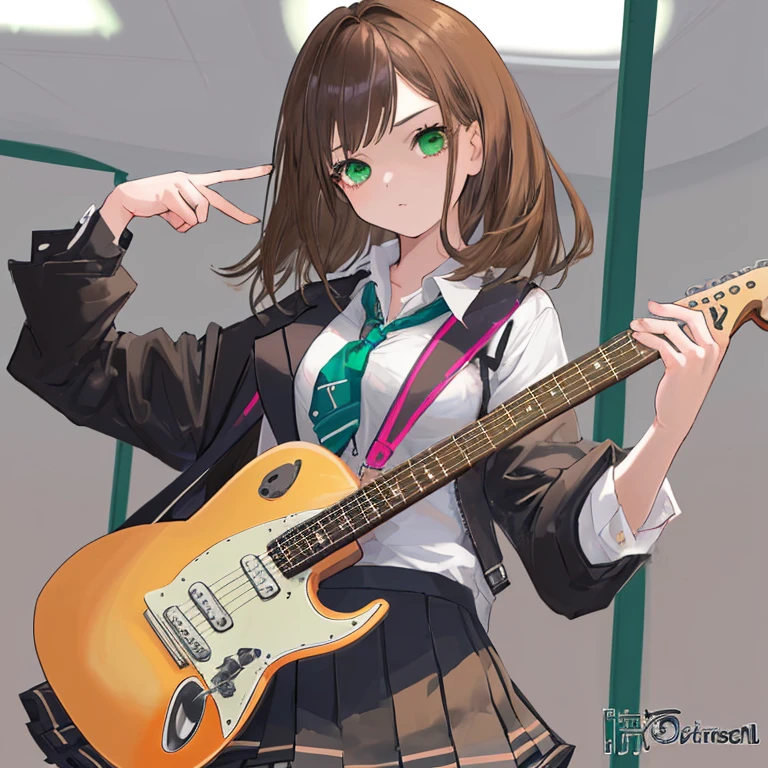 Young girl with an alternitive aesthetic pratising electric guitar after school in a class room. Brown hair, green eyes, busty 