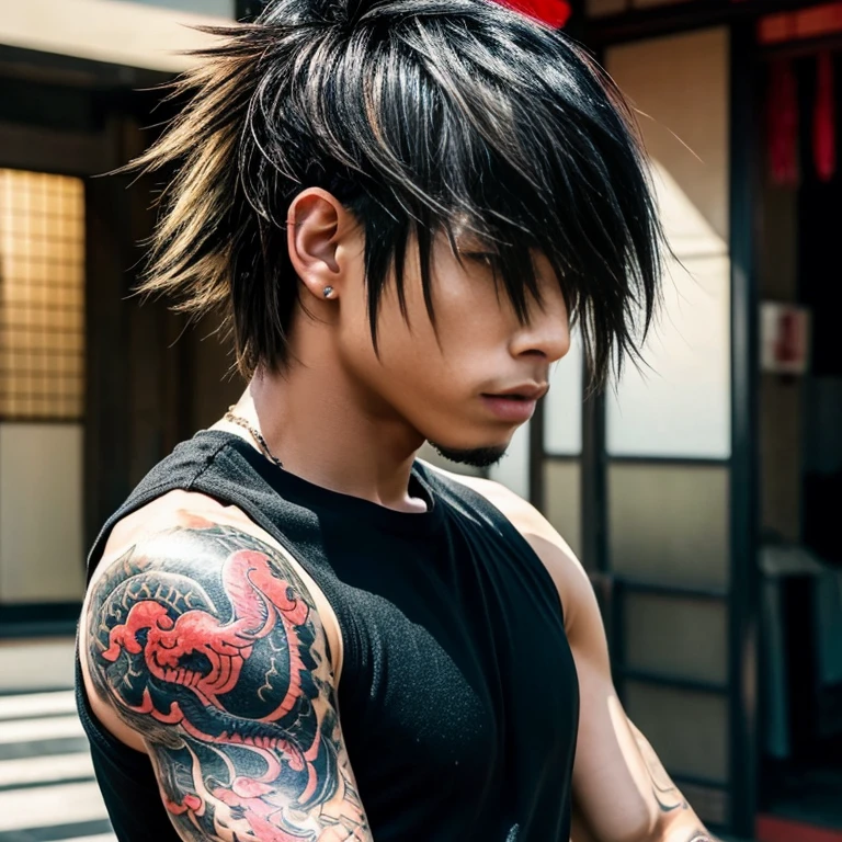 1 man, Japanese man, male, Asian eyes, muscular, broad shoulders, dragon tattoos, hairstyle Visual Kei style, hair Visual Kei, black men's shirt and black pants, ultra detailed face, hyperrealistic, realistic representation, long hair, long hair, 30 years old, age 30 years, blond, blonde hair