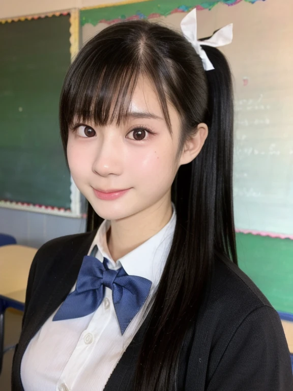 (kawaii 18 year-old Japanese girl, Nogizaka idol, Korean idol), (glossy black hair, high ponytail, bangs:1.3), (extra rounded face, single eyelid, no makeup, soft smiling:1.2), (well shaped whitened teeth:0.7), (wearing Japanese school uniforms, cardigan, collared shirt, school bow tie:1.3), well shaped extra small breasts, pleated skirt, (looking at viewer:1.2), BREAK, (simple classroom background:1.3), (dynamic angle, face focus:1.3), BREAK, (masterpiece, best quality, photo realistic, official art:1.4), (UHD, 8K quality wallpaper, high resolution, raw photo, film grain:1.2), (shiny skin), professional lighting, physically based rendering, award winning, (perfect anatomy, highly detailed skin, extremely detailed face and eyes, well drawn glittering pupils), Carl Zeiss 85 mm F/1.4, depth of field, 1girl, solo,