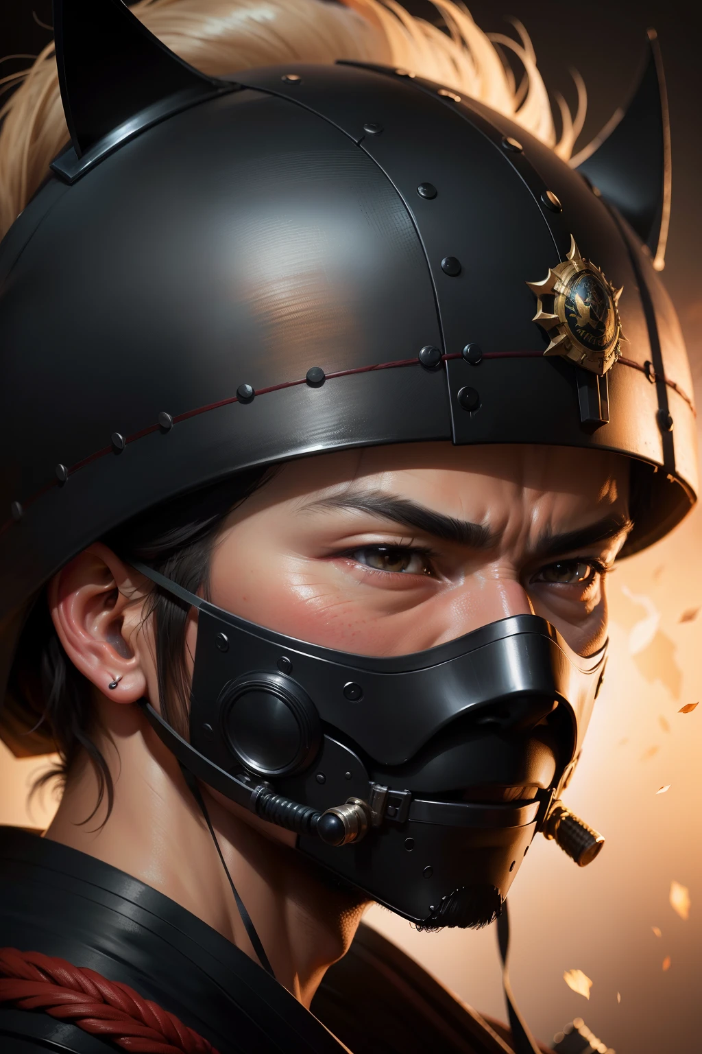 Retrato realista em close-up ultra HD,A samurai wearing a war mask, rugas ,Facial expressions show strong emotions