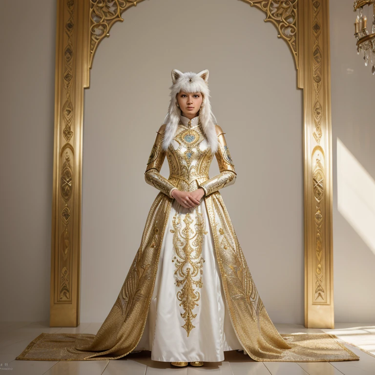 (((solo exhibition)), white and gold clothes, lots of decorated costumes, (full body) Take photos of the most beautiful artwork detailed, Intricate details, High detail, Ultra realistic, Hidden armor, proportions, Realistic anthropomorphic art, (Anthropomorphic art!Human Arctic Fox priest)), Forest, very, very beautiful human art, realistic, 8k, no human hair, no repetition, no repeating tail, no clones, no big heads