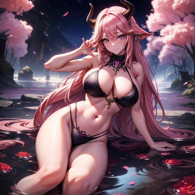 A female demon milf with black demon horn with wet dress, wet white bikini, belly belly button visible,  belly visible, ((demon horn)), cabelo de rapunzel cor-de-rosa extremamente longo, ((Cabelo de rapunzel cor-de-rosa)), White eyes of the demon, ((olhos brancos)), corpo volumoso com seios e busto enormes, ((seio e busto enormes)),Purple mist with purple energy particles and floor with red liquid, olhar perverso e vazio, sem brilho nos olhos, with a serious, cara de olhando para o espectador, proeminentemente em suas pernas e seios;, destaque nos seios e no cabelo, Pose sexy, Pose sexualizada, agarrando os seios ;, Moda realista, sysie high definition details, fotografia, perspicacity, unique 850 4, Koda850 k portrait camera, Primavera F1.6, cores ricas, Textura super realista, textura de luz espetacular, arte surreal, Cinestil 800 mecanismo de moda