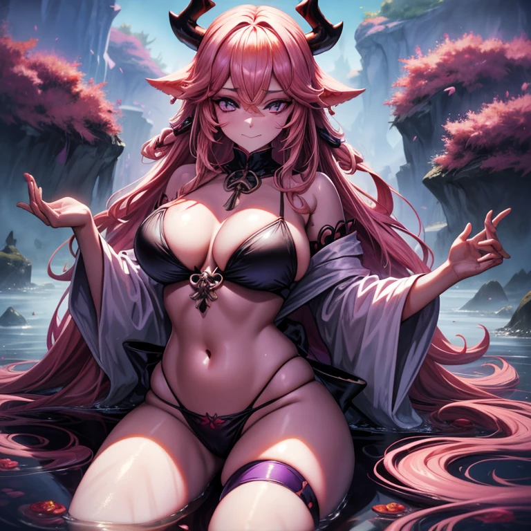 A female demon milf with black demon horn with wet dress, wet white bikini, belly belly button visible,  belly visible, ((demon horn)), cabelo de rapunzel cor-de-rosa extremamente longo, ((Cabelo de rapunzel cor-de-rosa)), White eyes of the demon, ((olhos brancos)), corpo volumoso com seios e busto enormes, ((seio e busto enormes)),Purple mist with purple energy particles and floor with red liquid, olhar perverso e vazio, sem brilho nos olhos, with a serious, cara de olhando para o espectador, proeminentemente em suas pernas e seios;, destaque nos seios e no cabelo, Pose sexy, Pose sexualizada, agarrando os seios ;, Moda realista, sysie high definition details, fotografia, perspicacity, unique 850 4, Koda850 k portrait camera, Primavera F1.6, cores ricas, Textura super realista, textura de luz espetacular, arte surreal, Cinestil 800 mecanismo de moda