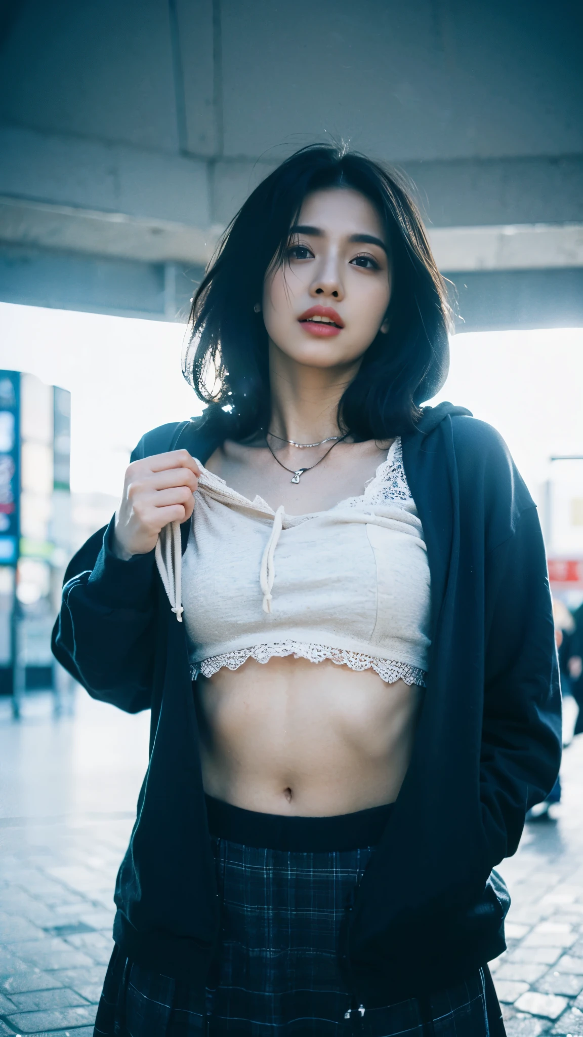 ((8K)), movie photography, 1 girl, (even hoodie: 1.2), lace transparent underwear, (skirt), thighs, belly button, bell necklace, ring, dynamic and long wave -shaped hair, quiet Relax, (realistic and meticulous eyes, natural skin texture, realistic facial details), soft dramatic lighting, deep field, scattered scenery, vibrant details, meticuloso, Sericuloso, Hyper Realisitc, 20 years old, (shirts shirt, (shirt shirt Lift), (skirt lifting), (focus), flushing your face, open your lips, view the audience (clear eyes, clear nose, transparent lip skin), transparent lips), half -body shooting, wearing a hooded jacket (Tokyo Streets, Tokyo Street, snowy)