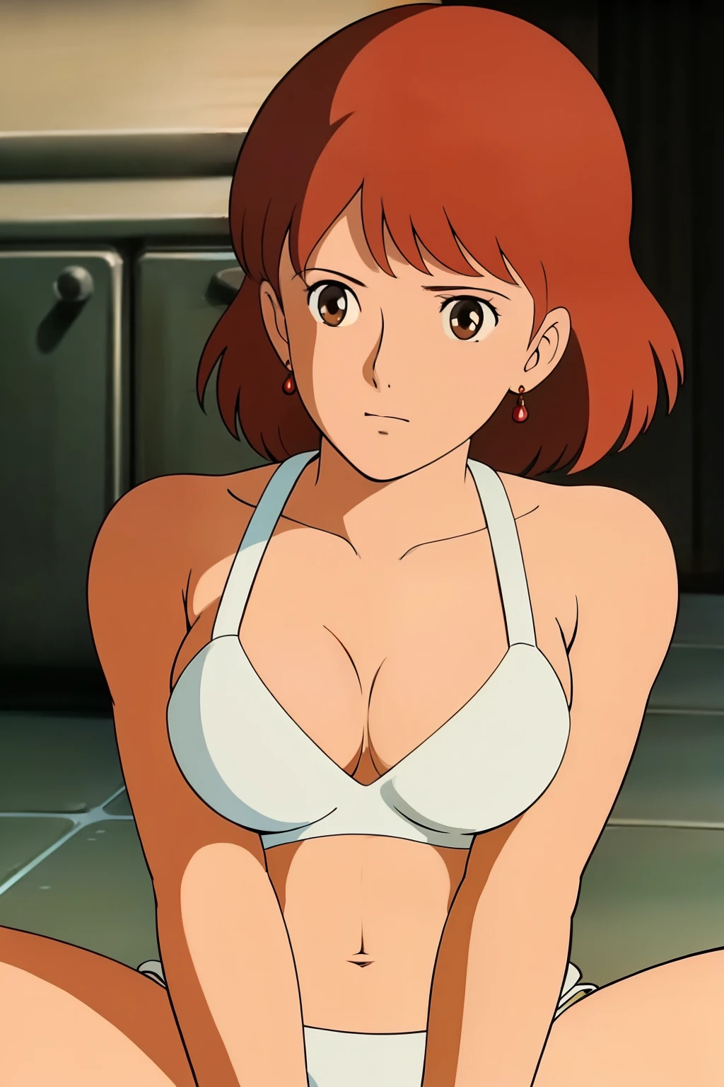 Nausicaa, 1 girl, alone, cute, shy, （カメラeye線）、red earrings, brown hair, (watching from a distance, cleavage), Upper body, (white bikini), sit, on the floor, (perfect detailed anatomy, beautiful face&eye)