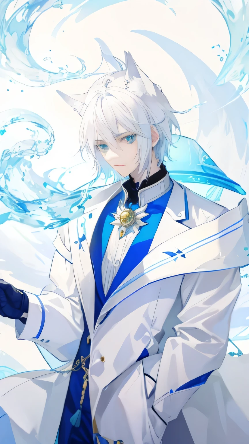 man wearing white hair and blue jacket，holding a blue lollipop, White fur fox, Tall anime character with green eyes, White hair, anime style characters, white fox anime, Exquisite androgynous prince, beautiful androgynous prince, White hair deity, high quality，Background with sunlight on water waves，Overall clear