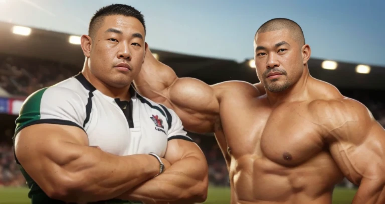 (at rugby ground:1.4), 40's, Japanese man, Chinese man, Korean man, Taiwanese man, manly face, fat face, (round face:1.4), (monolid eyes:1.2), (buzz cut:1.6), very large and strong body, bulky body, beefy muscles, (bulging muscles:1.4), (very large pectoral muscles:1.4), (muscular arms:1.4), muscular abs, muscular legs, muscular back, brightens oily skin, master piece, (realistic:1.4), panorama, distant view