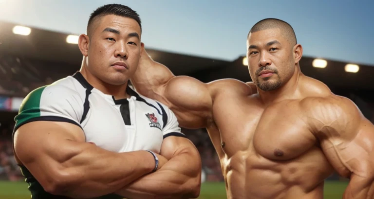 (at rugby ground:1.4), 40's, Japanese man, Chinese man, Korean man, Taiwanese man, manly face, fat face, (round face:1.4), (monolid eyes:1.2), (buzz cut:1.6), very large and strong body, bulky body, beefy muscles, (bulging muscles:1.4), (very large pectoral muscles:1.4), (muscular arms:1.4), muscular abs, muscular legs, muscular back, brightens oily skin, master piece, (realistic:1.4), panorama, distant view
