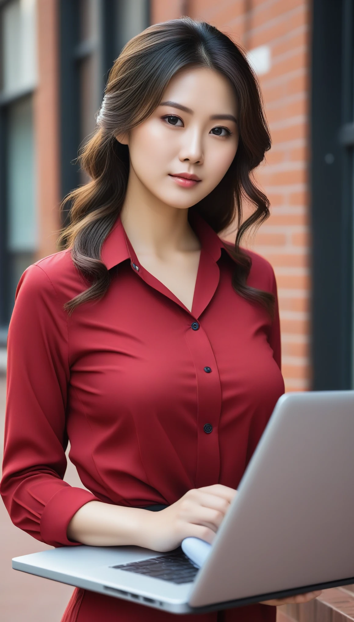 Raw photo of beautiful korean female, 34 inch breasts size, tied hair, wearing fitting shirt, holding computer notebook, in front of the red brick store, bokeh background