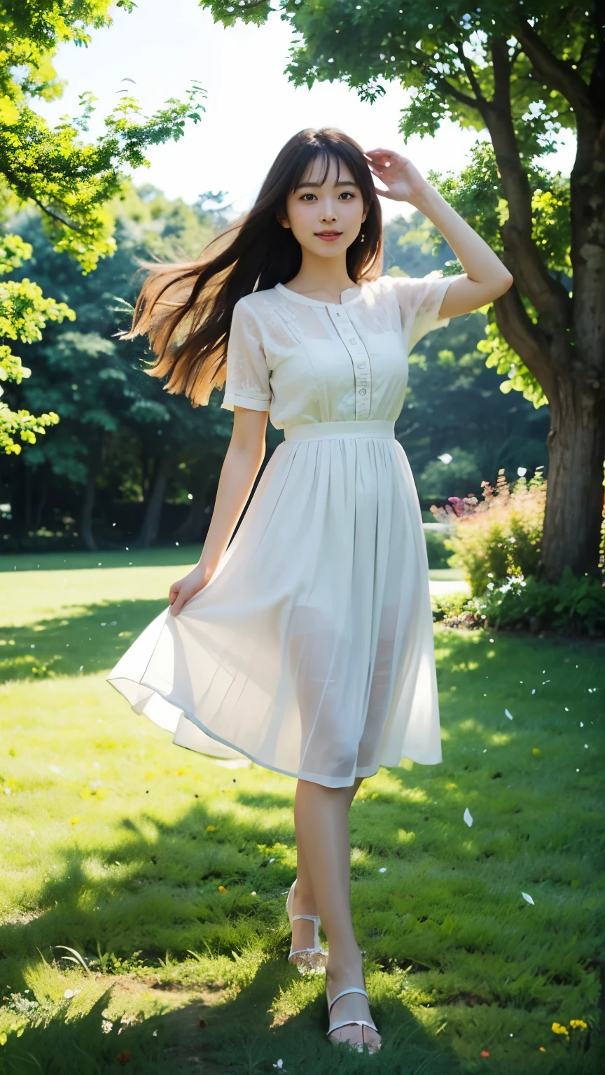 ，masterpiece, best quality，8 thousand, super fast，Real light and shadow，Cinema Lens，(beautiful eyes:1.1)， ((The middle shot scene is，upper part of the body))，dynamic pose，on a green meadow，With a gentle step, a gentle goddess came。she wore a white dress，A soft wind blows，The skirt dances lightly。The sun shines through the leaves in her hair，Her clear eyes and gentle smile are reflected。Colorful butterflies flew around her，Flowers bloomed at her feet，It seemed like nature was supporting her.。