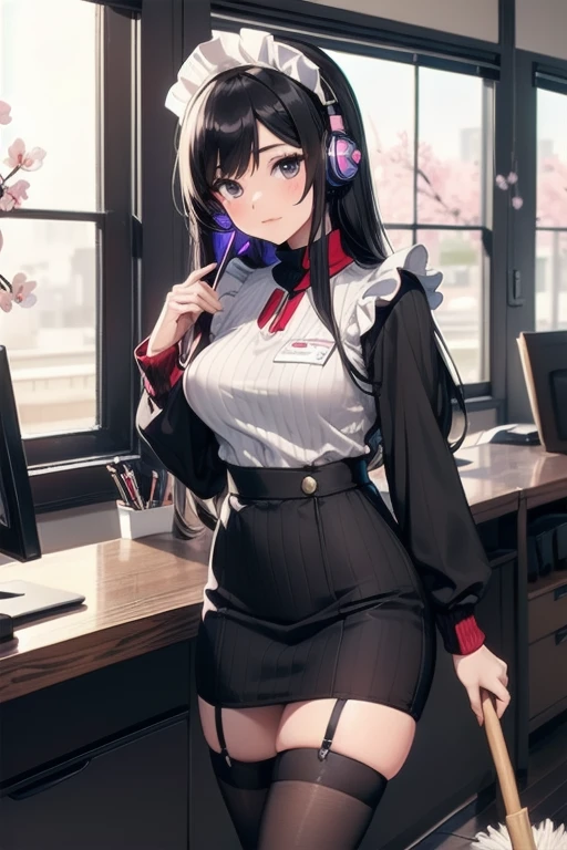 1girl, anime, black eyes, long black hair with square bangs, very long black hair, super long black hair, (skirt and stockings), heels, black Japanese style kimono mixed with ribbed black sweater with red accents and sakura floral design, ((ribbed black sweater)) adult, (Japanese shrine/temple background), gamer, (((gamergirl))), (((office lady))), kimono sleeves, garter, graceful, ((maid uniform)), nun outfit, nurse outfit, flight attendant badge/nametag, retail store apron, design, broom, sweeping, cleaning, happy, feather duster, (neon headphones), ((sakura floral design))