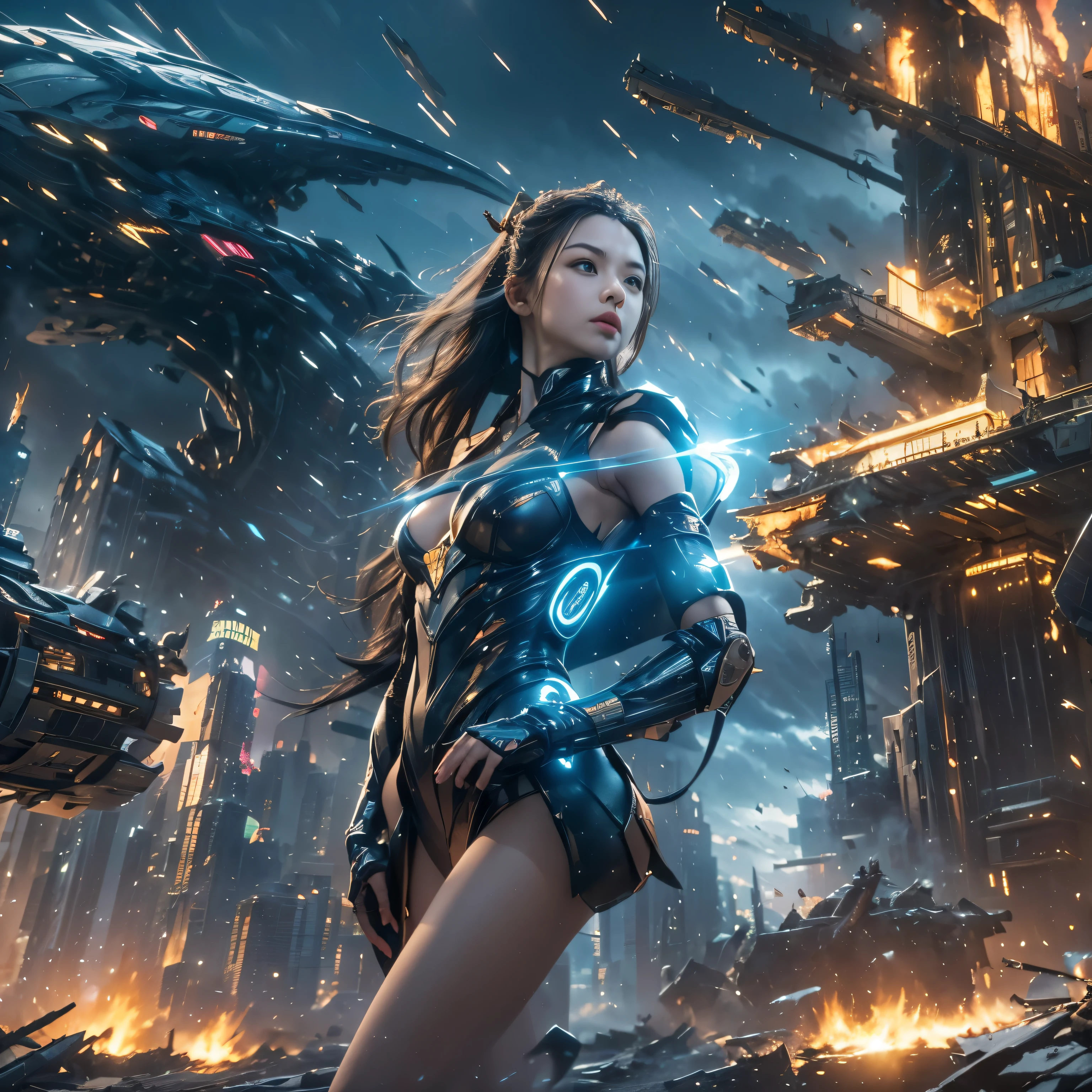(highest quality、4k、8k、High resolution、master piece: 1.2)、Super detailed、(real、photorealistic、photorealistic: 1.37)、Destruction of a Great City、(A telekinetic woman stands in front of a spaceship controlled by the invaders:1.37) 、Women are young and beautiful、18-year-old、unparalleled beauty、Insert mental barriers to resist robot attacks、vibrant cityscape、Bright colors、Shining skyscrapers、busy street、Futuristic architecture and technology、Advanced holographic display、Neon light splashes 、dramatic lighting、intense shadow、Awe-inspiring power that exudes from women、Determination in His Eyes、An elegant flowing gown、Dynamic action in the wind、Reach out and rush towards the robot.、A powerful energy emanates from the hands、Blue glowing aura、sparks of electricity、electricity crackling in the air、A vortex of energy surrounding a woman、A fascinating and surreal atmosphere、A sense of danger and impending destruction、Background chaos and destruction、Crumbling buildings、flying debris、Smoke and flames、 The contrast between beauty and destruction、The war between technology and the extraordinary power of young women。