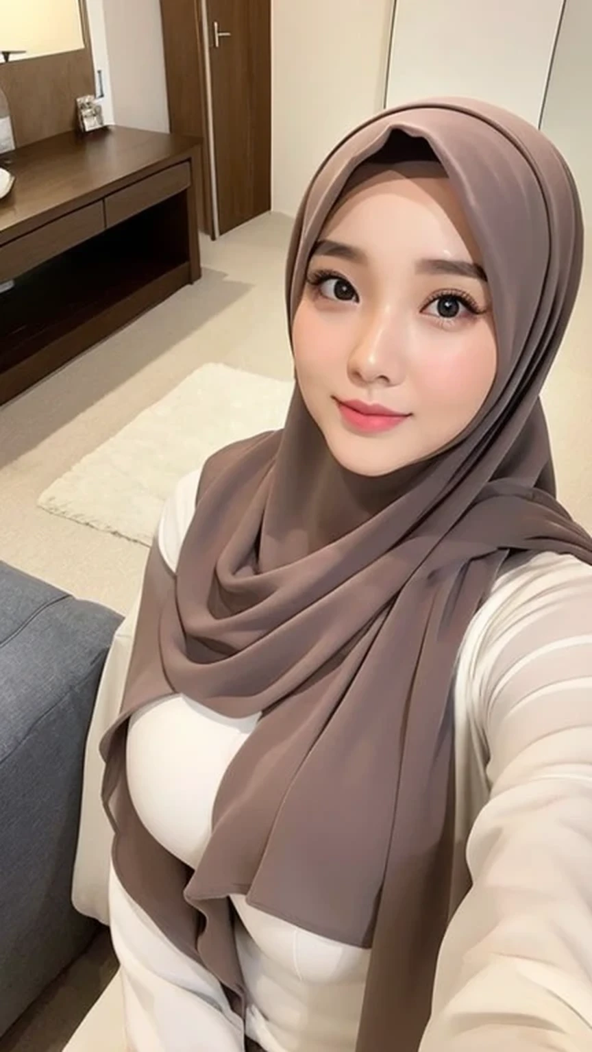 Realistic, ultra sharp, Beautuful Women、hijab, indonesian, a room、selfee、White Room、The face is cute、Vanrak Ayyans appears、1 girl, stylish, big breasts