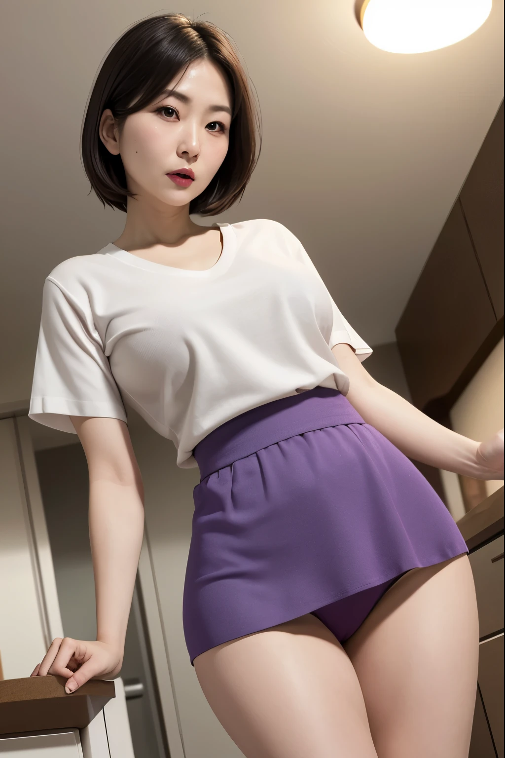 Beautifull, mother-in-law, japanese, tshirt knit vneck, seductive expression, in the kitchen, voluptuous, high waist short skirt, panties, cameltoe, from below