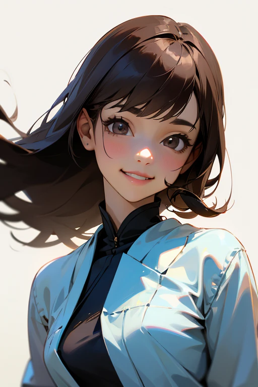 (Highest Resolution, clear_image) Highest quality, single, One woman, alone, masterpiece, Very detailed, Semi-realistic, Black Hairのショートヘア, Black Hair, bangs, 18-year-old, mature, Light blue , Indoor Background, kind, Authoritative, Powerful, exquisite features, exquisite features、Eyelashes become longer、Showing teeth、smile😀、(Swimwear)、woman'Fingers in the、(bikini)、