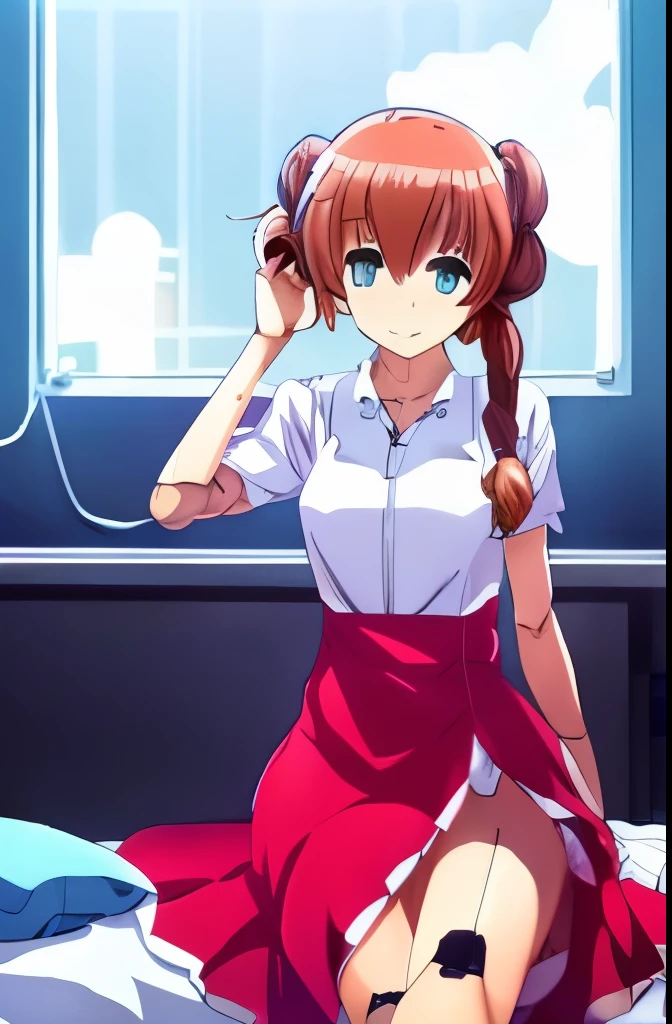 A Female robot is sleeping in bedroom, spread legs, nude, banzai pose. she wears no dress. She Brown short hair is tied with two big red clothespins, She lifts up the under hem of her white plain dress, leaning over, masterpiece, very short pigtails,brown hair, mature, android, blue eyes, full body figure, Height: 160cm, flushed cheeks, 2020s anime picture, A beautiful robot with short brown hair in two short pigtails held up by two very large huge red clothespins, Uplifting, No NSFW, whole body, barefoot, archaic smile, getting orgasm, 25 years old, sweat bucket. 