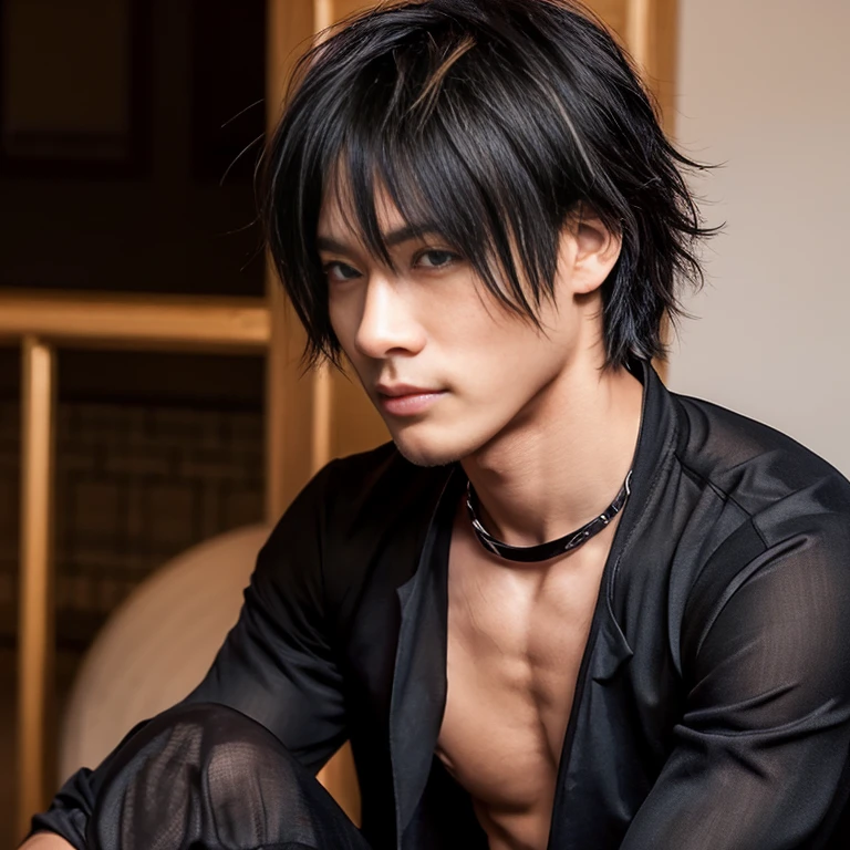 1 man, Japanese man, male, Asian eyes, muscular, broad shoulders, dragon tattoos, hairstyle Visual Kei style, hair Visual Kei, black men's shirt and black pants, ultra detailed face, hyperrealistic, realistic representation, long hair, long hair, 30 years old, age 30 years, blond, blonde hair