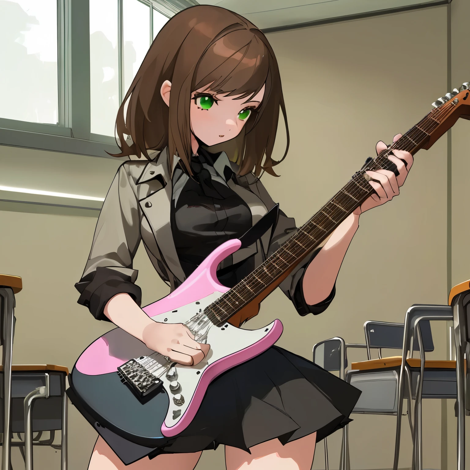 Young girl with an alternitive aesthetic pratising electric guitar after school in a class room. Brown hair, green eyes, busty