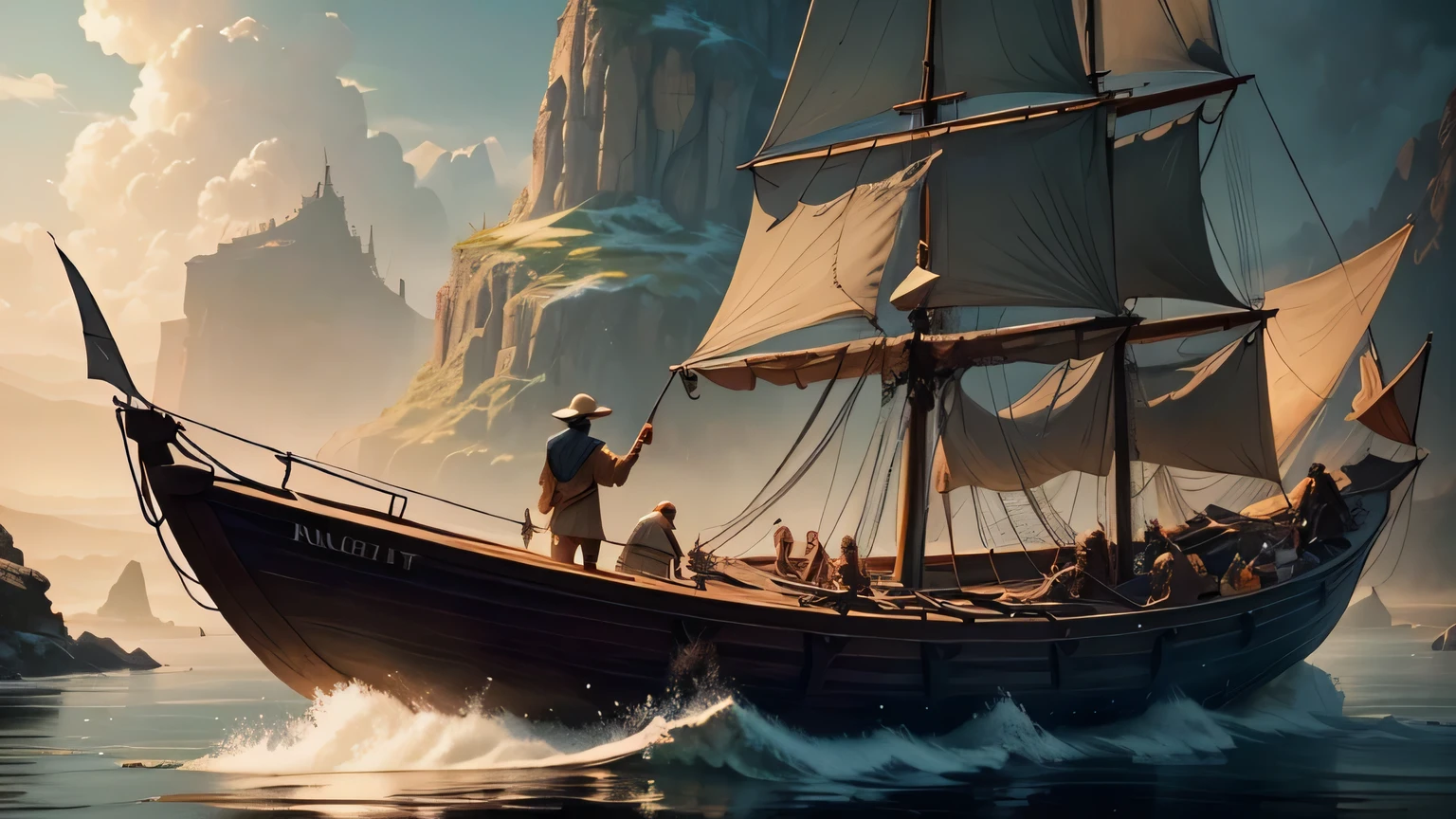 Fishermen in a medieval fantasy world casting nets from a wooden boat on a mystical, captured during a daylight. Show intricate details of the boat, glowing ethereal light, epic fantasy vibe, and rich narrative storytelling elements.