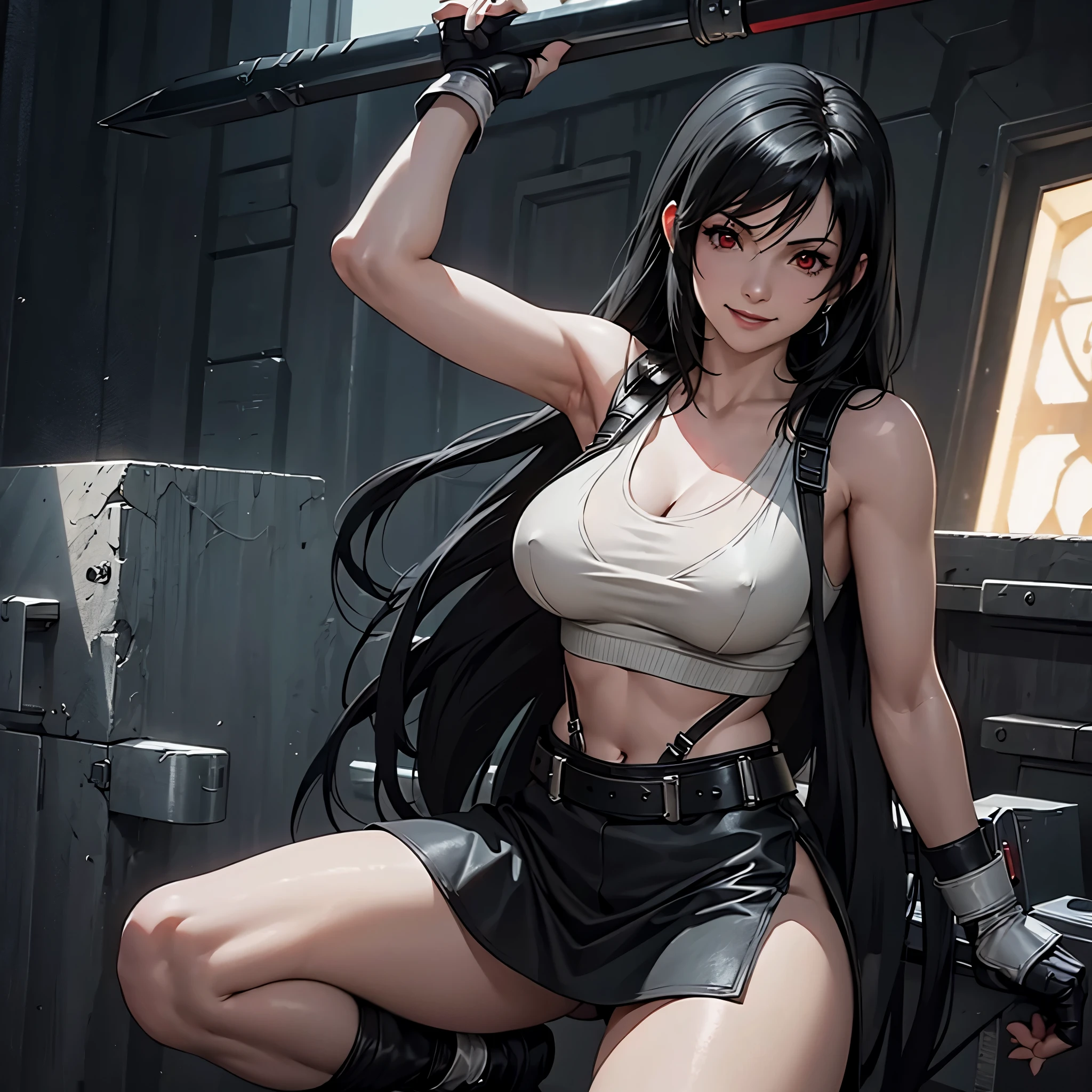 A woman wearing Tifa Lockhart's costume (Final fantasy 7 remake), tight sleeveless short white shirt, short black skirt, gloves, long black hair, red eyes, smiling, defined abdomen, large breasts, HDR, very detailed, ultra resolution, masterpiece. 8k hd.
