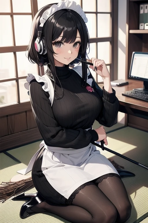 1girl, anime, black eyes, long black hair with square bangs, very long black hair, super long black hair, skirt and stockings, heels, black Japanese style kimono mixed with ribbed black sweater with red accents and sakura floral design, ((ribbed black sweater)) adult, (Japanese shrine/temple background), gamer, (((gamergirl))),  (((office lady))), kimono sleeves, garter, graceful, (((maid uniform design))), broom, sweeping, cleaning, happy, feather duster, headphones