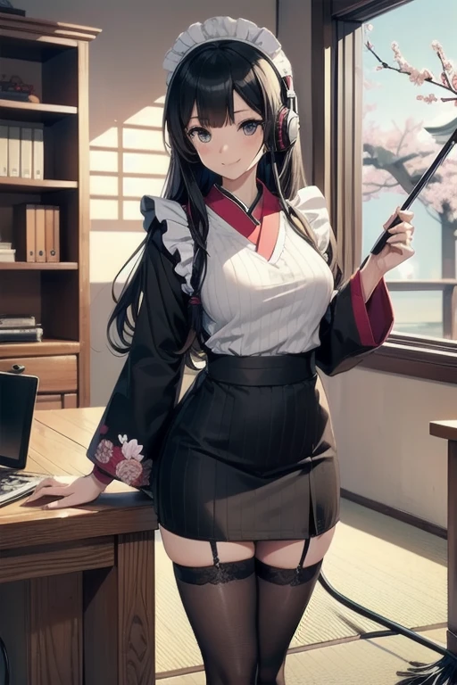 1girl, anime, black eyes, long black hair with square bangs, very long black hair, super long black hair, skirt and stockings, heels, black Japanese style kimono mixed with ribbed black sweater with red accents and sakura floral design, ((ribbed black sweater)) adult, (Japanese shrine/temple background), gamer, (((gamergirl))),  (((office lady))), kimono sleeves, garter, graceful, (((maid uniform design))), broom, sweeping, cleaning, happy, feather duster, headphones