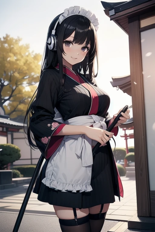 1girl, anime, black eyes, long black hair with square bangs, very long black hair, super long black hair, skirt and stockings, heels, black Japanese style kimono mixed with ribbed black sweater with red accents and sakura floral design, ((ribbed black sweater)) adult, (Japanese shrine/temple background), gamer, (((gamergirl))),  (((office lady))), kimono sleeves, garter, graceful, (((maid uniform design))), broom, sweeping, cleaning, happy, feather duster, headphones