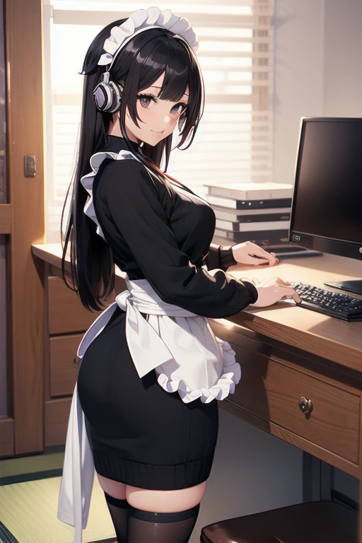 1girl, anime, black eyes, long black hair with square bangs, very long black hair, super long black hair, skirt and stockings, heels, black Japanese style kimono mixed with ribbed black sweater with red accents and sakura floral design, ((ribbed black sweater)) adult, (Japanese shrine/temple background), gamer, (((gamergirl))), (((office lady))), kimono sleeves, garter, graceful, (((maid uniform design))), broom, sweeping, cleaning, happy, feather duster, headphones