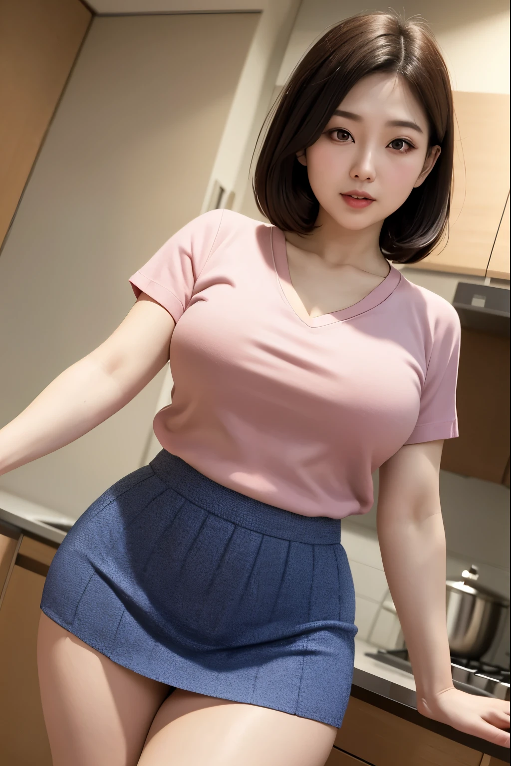 Beautifull, aunty, japanese, tshirt knit vneck, sexual expression, in the kitchen, voluptuous, high waist short skirt, panties, cameltoe, from below