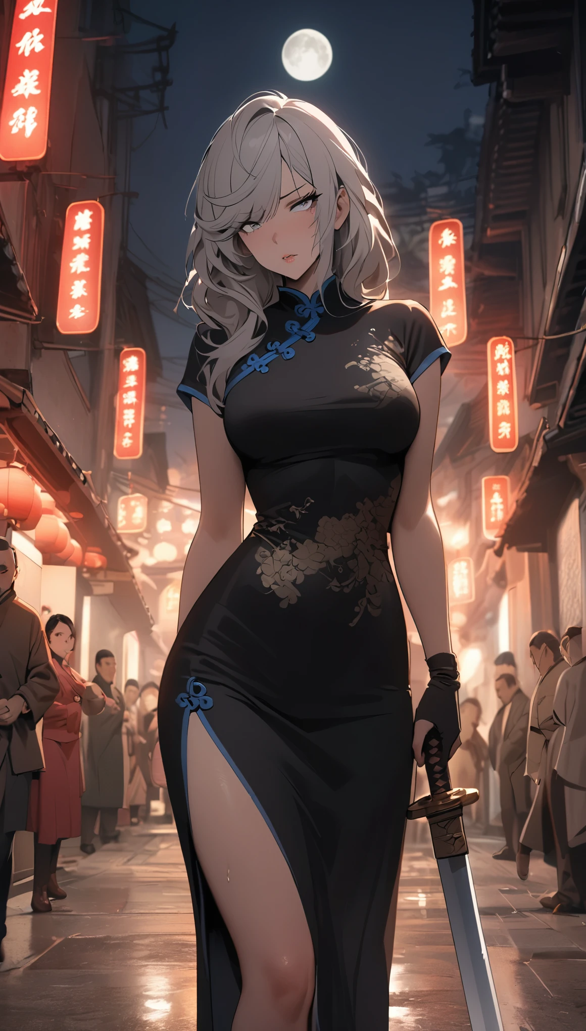 masterpiece, the best, night, full moon, 1 female, mature woman, Chinese style, China, Sister, Royal sister, cold face, Poker face, woman with long silver hair, light pink lips, calm, intellectuals, Three bangs, gray pupil, assassin, long sword, swordsman, struggle, street view, facial details,