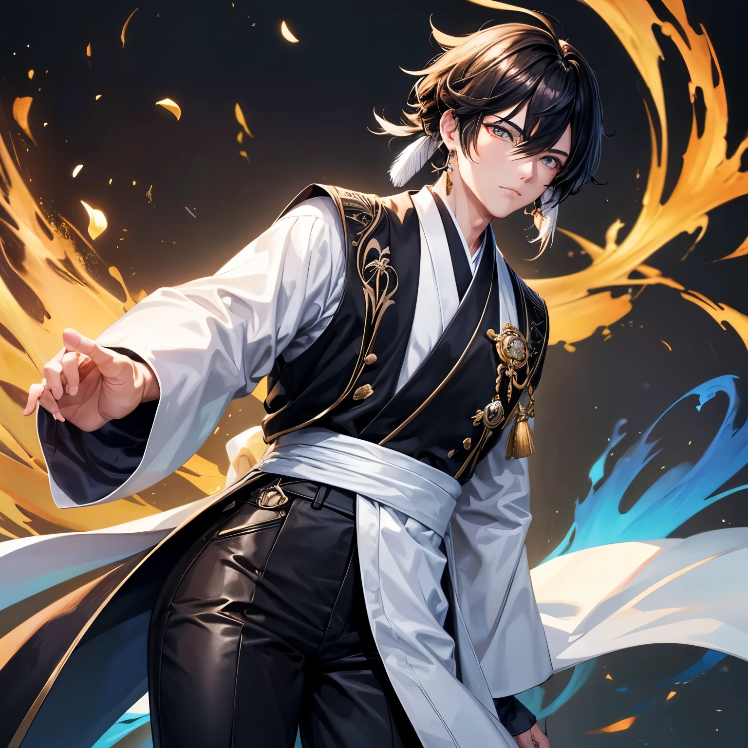 Personaje masculino, Genshin impact. 
Cabello largo y negro, piel blanca con Heterocromia; ojo derecho de color amarillo e ojo izquierdo de color azul claro. Vestiduras; possesses with black pants, white shirt and a long brown kimono, He also has a brown feather art on his right ear., en el centro tiene una esmeralda. 