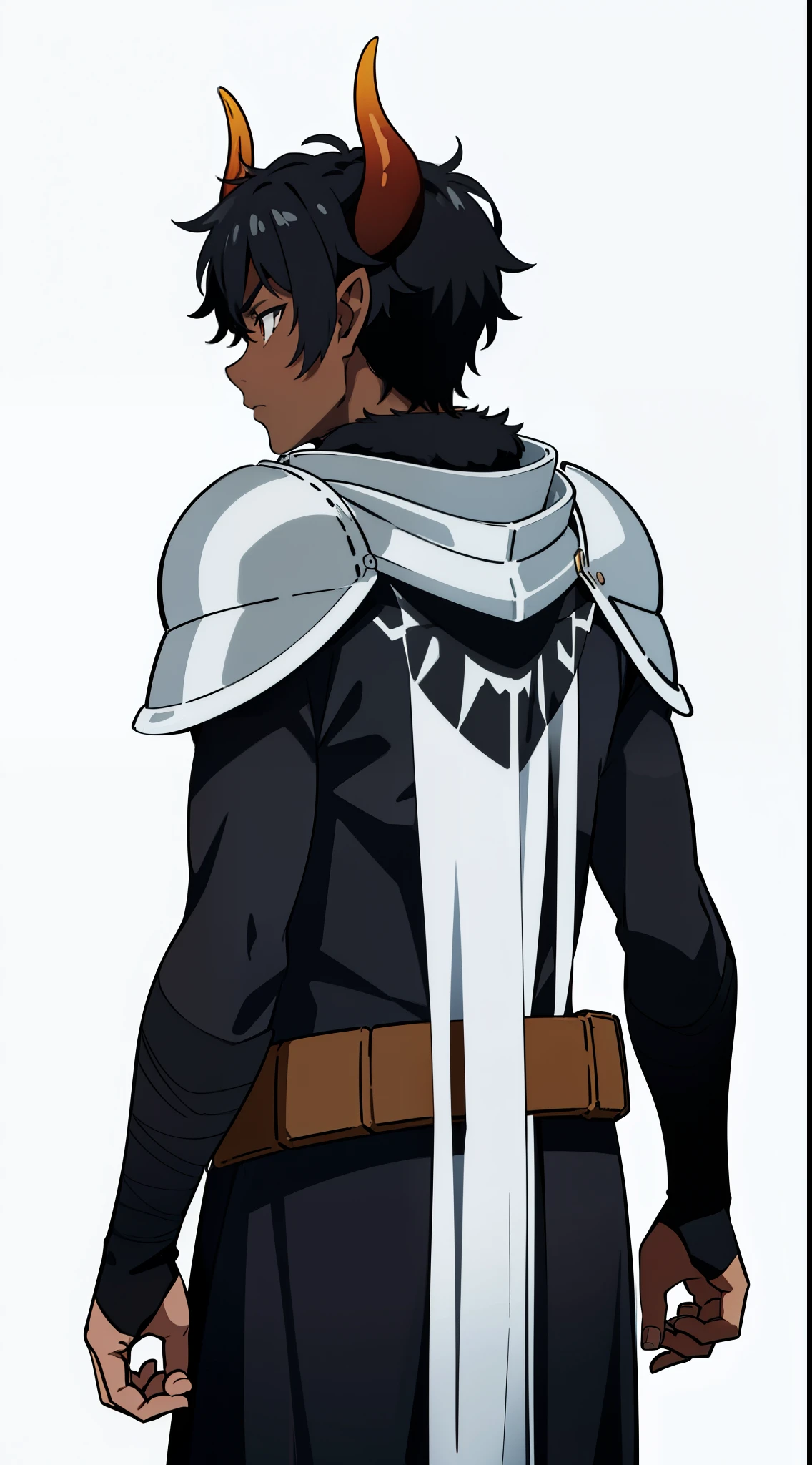(1boy,20 years,solo,serious),((dark skin)),black hair,elf ears,(horns),cowboy shot,(white background),from back,fur neck,((black knight armor))