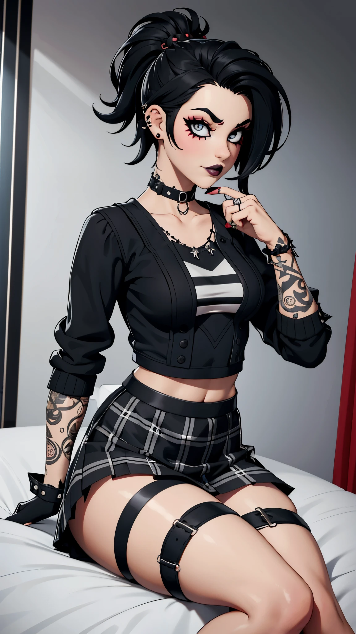 Punk trad goth subculture gothic Girl trad goth makeup punk post punk A girl with black hair and black and white striped sleeves. She wears a black top, a red and black tartan skirt, and has piercings on her nose and lip. on bed