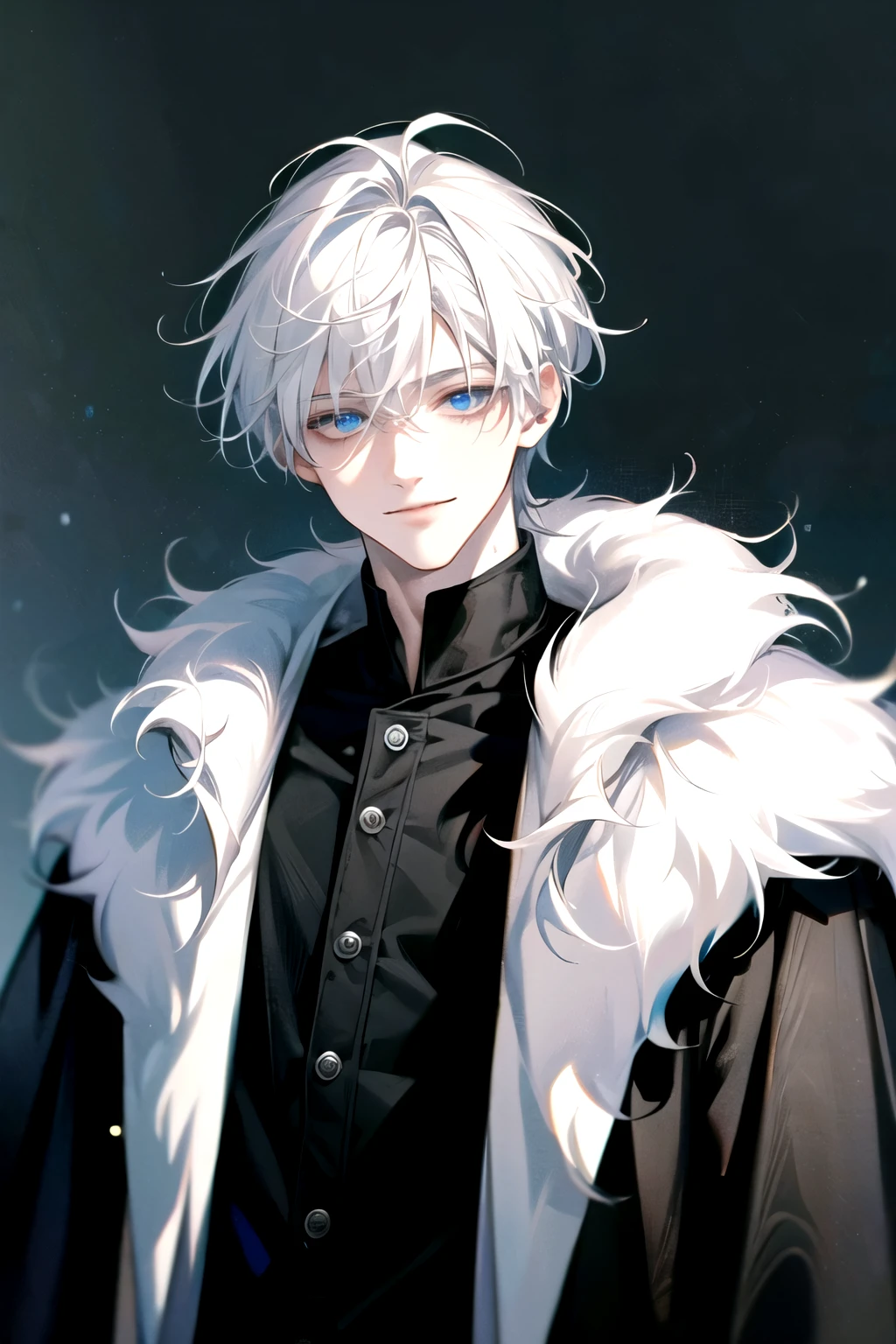 ((Masterpiece)), Best Quality, Ultra Detailed, Floating, High Resolution, (1 boy), short hair, white hair, blue eyes, smile facial, black inner, black shirt, white fur coat