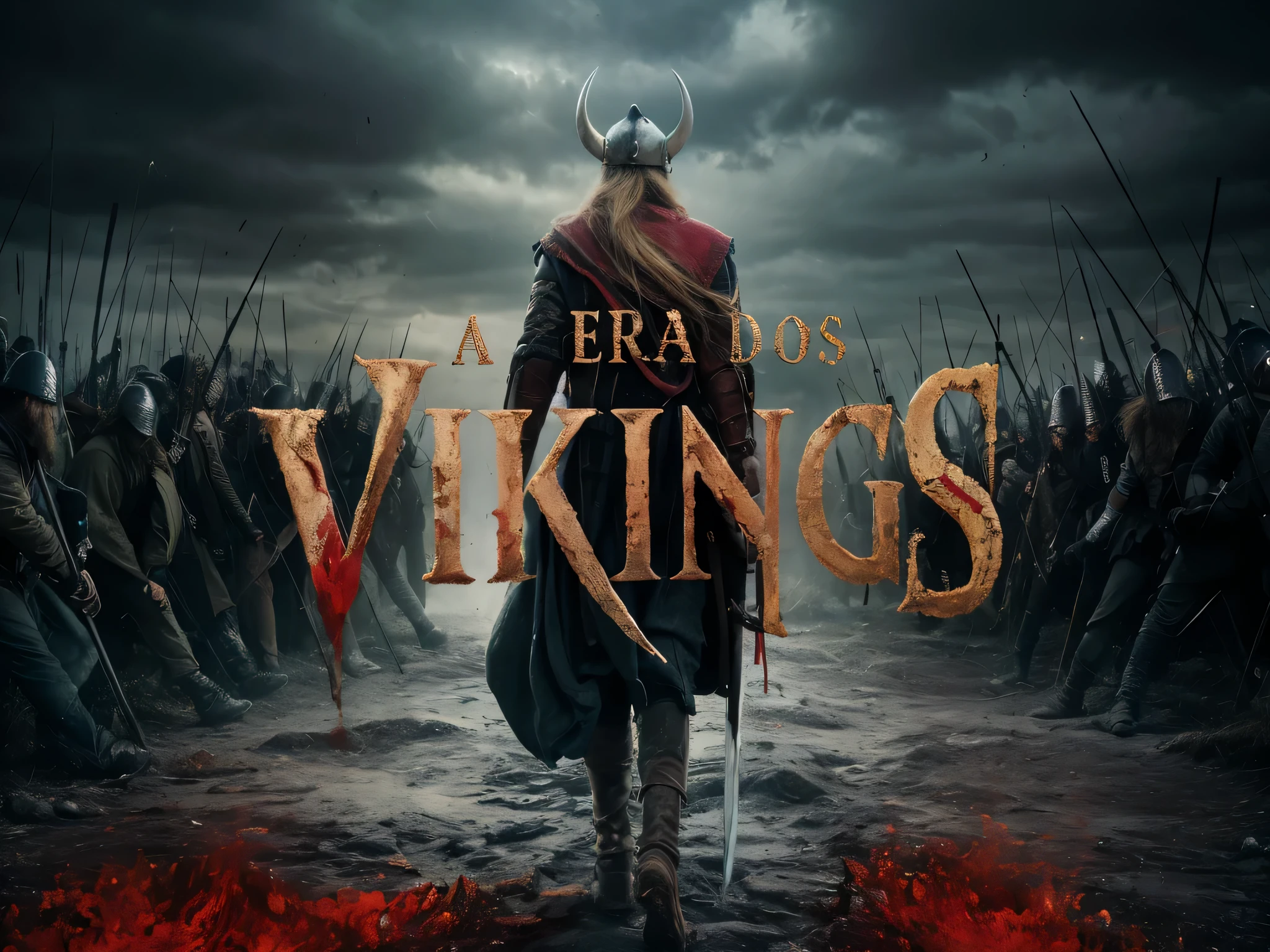 a poster for the movie Vikings, com a escrita "A Era dos Vikings". rei viking, viking, epic rei viking, deus viking, viking heaven, by Luís Miranda, cultura viking, arte principal, Estilo Viking, guerreiro viking, 4k', limite de 8k, by Inacio Zuloaga, por Anato Finnstark, messi como um viking, an epic viking battle scene, Cinematic epic 4K