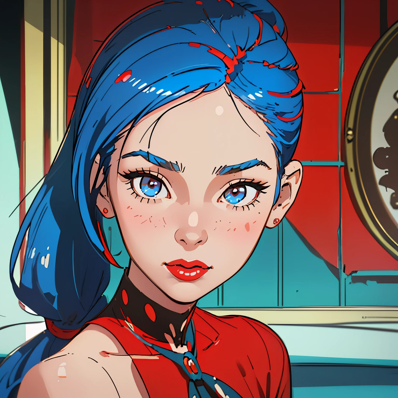 Marinette Dupain-Cheng, a 25-year-old woman with a radiant countenance, her blue hair pulled back into a ponytail, exudes a mysterious allure as she dons a charming 1950's decade costume with a bold red hue. The vintage fashion accentuates her elegance, adding an alluring charm to her enigmatic persona, making her a true masterpiece of best quality. Her every detail, from the red lipstick to the polka-dotted dress, shines with high definition, highlighting the intricate textures and vibrant colors of the era. Marinette's enchanting aura transports us