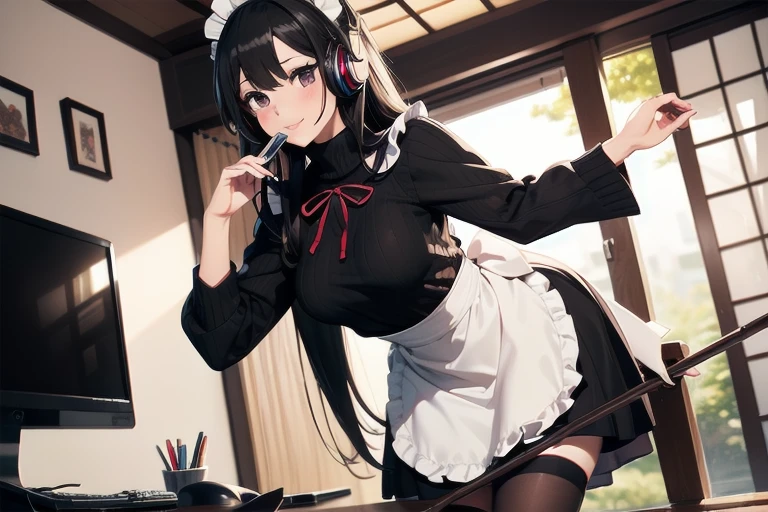 1girl, anime, black eyes, long black hair with square bangs, very long black hair, super long black hair, skirt and stockings, heels, black Japanese style kimono mixed with ribbed black sweater with red accents and sakura floral design, ((ribbed black sweater)) adult, (Japanese shrine/temple background), gamer, (((gamergirl))), (((office lady))), kimono sleeves, garter, graceful, (((maid uniform design))), broom, sweeping, cleaning, happy, feather duster, headphones, (sakura floral design)