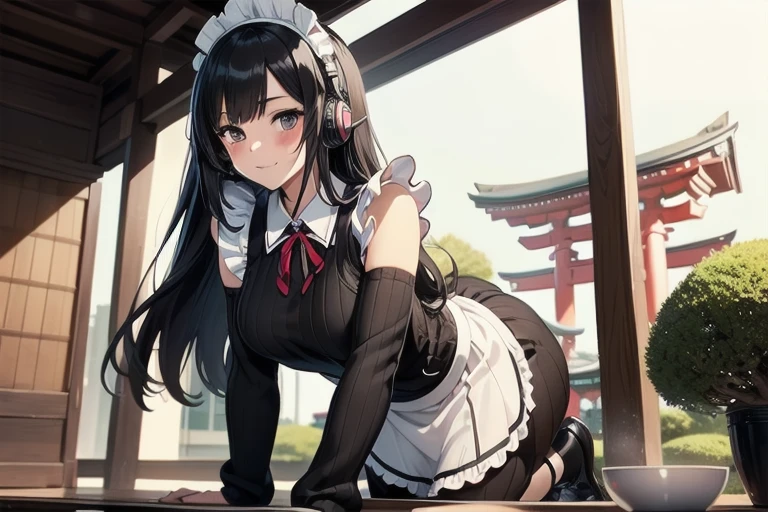 1girl, anime, black eyes, long black hair with square bangs, very long black hair, super long black hair, skirt and stockings, heels, black Japanese style kimono mixed with ribbed black sweater with red accents and sakura floral design, ((ribbed black sweater)) adult, (Japanese shrine/temple background), gamer, (((gamergirl))),  (((office lady))), kimono sleeves, garter, graceful, (((maid uniform design))), broom, sweeping, cleaning, happy, feather duster, headphones, (sakura floral design)