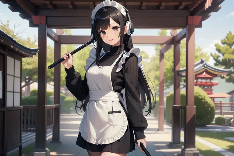 1girl, anime, black eyes, long black hair with square bangs, very long black hair, super long black hair, skirt and stockings, heels, black Japanese style kimono mixed with ribbed black sweater with red accents and sakura floral design, ((ribbed black sweater)) adult, (Japanese shrine/temple background), gamer, (((gamergirl))),  (((office lady))), kimono sleeves, garter, graceful, (((maid uniform design))), broom, sweeping, cleaning, happy, feather duster, headphones, (sakura floral design)