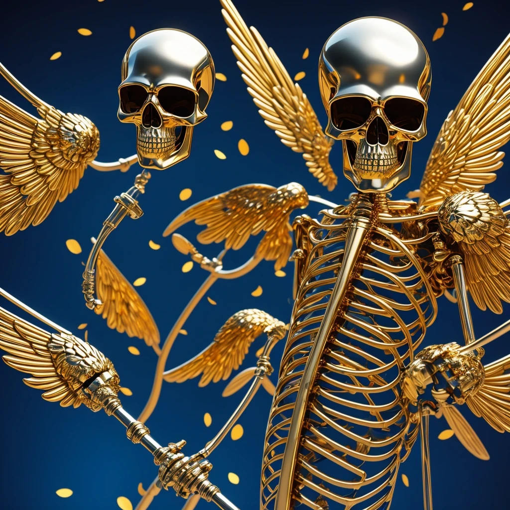 baton，Transparent wings，Magic wand，Wear thick gold-framed reflective sunglasses，32K（tmasterpiece，k hd，hyper HD，32K）Light orange flowing hair，The Silver Skull Jewelry District in the backstreets，Indigo Skull King ，Skeleton protector （The skeleton is realistic：1.4），Skull pattern robe，Silver skull flower ornaments，Petals flutter，Colored ball head，Hold your head high，Be proud，The nostrils look at people， A high resolution， the detail， RAW photogr， Sharp Re， Nikon D850 Film Stock Photo by Jefferies Lee 4 Kodak Portra 400 Camera F1.6 shots, Rich colors, ultra-realistic vivid textures, Dramatic lighting, Unreal Engine Art Station Trend, cinestir 800，Hold your head high，Be proud，The nostrils look at people，Tsundere，Petals flutter，Petals flutter，Sprinkle with gold dust，Fluttering，Impeccable，( reasonable design, Clear lines, High sharpness,Best quality, Very detailed skeleton, The skeleton of a masterpiece, offcial art, movie light effect, 4K skeleton（（（Wear thick gold-framed reflective sunglasses）））Transparent wings，（baton）（Baton in hand）（Giant baton）baton，