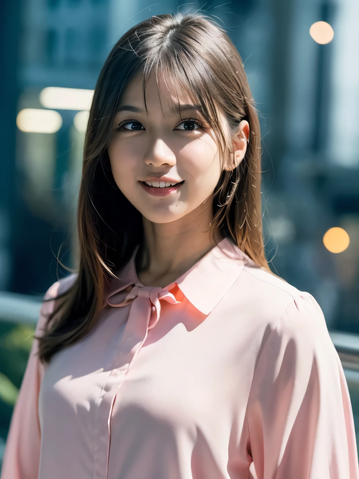 1 girl,(wearing a pastel pink blouse:1.2),(Raw photo, highest quality), (realistic, photo-realistic:1.4), masterpiece, very delicate and beautiful, very detailed, 8k wallpaper, wonderful, finely, very detailed CG unity 8k wallpaper, Super detailed, High resolution, soft light, beautiful detailed girl, very detailed eyes and face, beautifully detailed nose, detailed and beautiful eyes,cinematic lighting,night city lights,perfect anatomy,slender body,light smile  