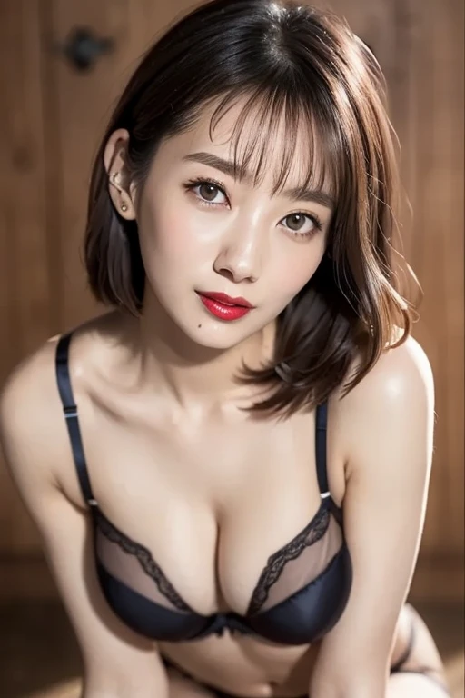 beautiful japanese woman、1 person,very pretty and slim、outstanding style 、((8K image、super high quality))、very delicate face, skin and hair、red lipstick、short hair、straggling hair,(((((gradation hair、blonde))))),Very cute Japanese cut face、Eyes and nose are clearly visible、gentle eyes,(((lingerie、simple background、looking at the viewer)))、full body shot