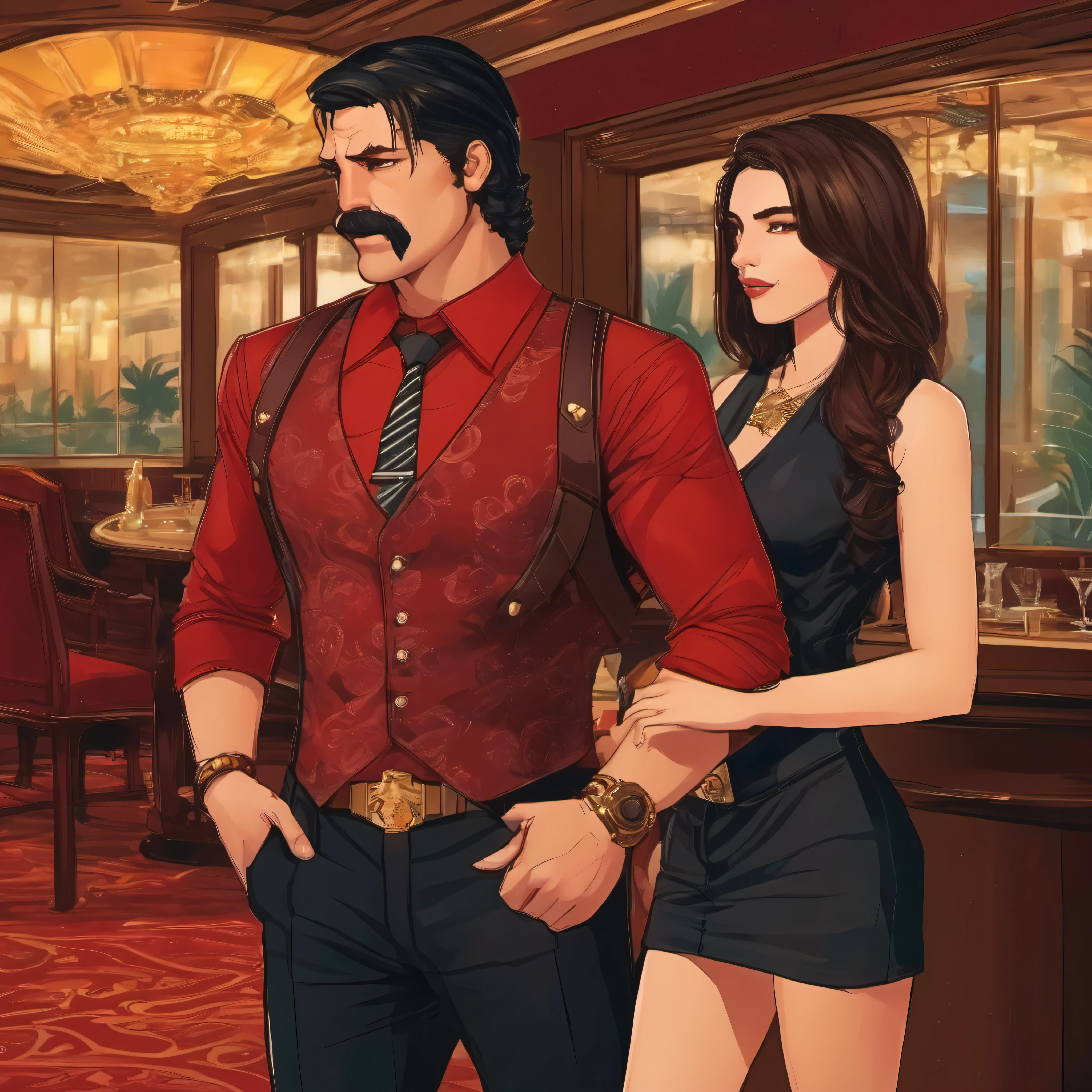 (obra maestra, Mejor calidad:1.2), 1 chico, thenahualli, serious, dangerous man, elegant, elegante, black vest, red shirt, standing, bodyguard of a long brown haired girl, bodyguard of a brunette girl with long hair, 1 girl, en hotel de lujo en Las Vegas, hotel de lujo, in a luxury hotel room in Las Vegas, at night, de noche